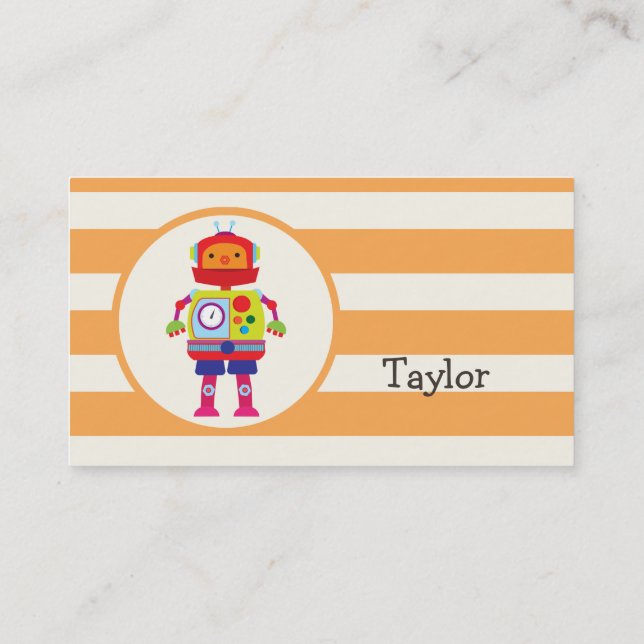 Colourful Robot on Orange Stripes Business Card (Back)