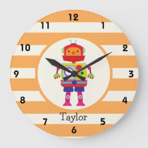 Colourful Robot on Orange Stripes Large Clock