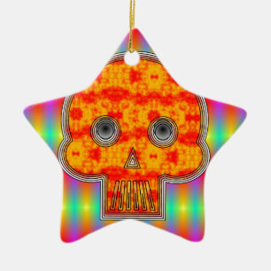 Colourful Robot Skull On Rainbow Background Ceramic Ornament