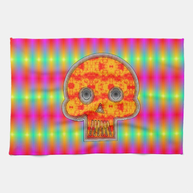 Colourful Robot Skull On Rainbow Background Kitchen Towel (Horizontal)