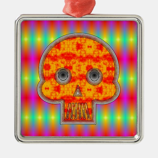 Colourful Robot Skull On Rainbow Background Metal Ornament (Front)