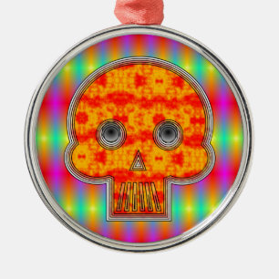 Colourful Robot Skull On Rainbow Background Metal Ornament