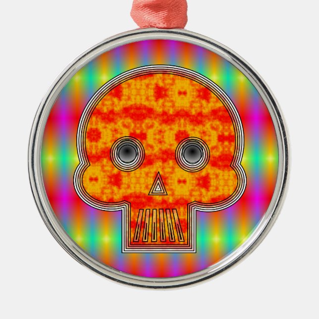 Colourful Robot Skull On Rainbow Background Metal Ornament (Front)