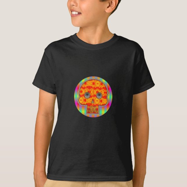 Colourful Robot Skull On Rainbow Background T-Shirt (Front)