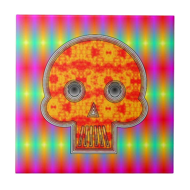 Colourful Robot Skull On Rainbow Background Tile (Front)