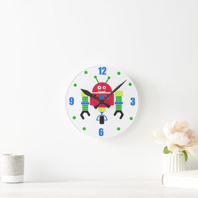 Colourful Robots Kids Personalized Round Clock (Home)