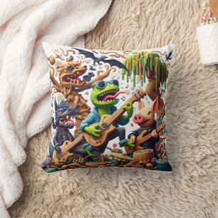 Colourful Rock and Roll Band in Whimsical Forest Throw Pillow