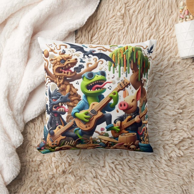 Colourful Rock and Roll Band in Whimsical Forest Throw Pillow (Blanket)