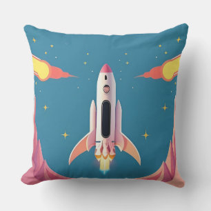 Colourful Rocket Launch in Vibrant Cartoon Throw Pillow