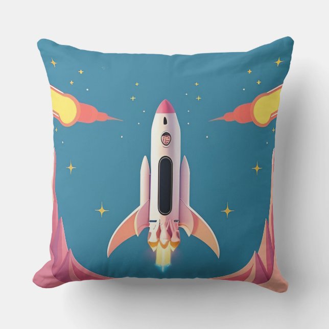 Colourful Rocket Launch in Vibrant Cartoon Throw Pillow (Front)