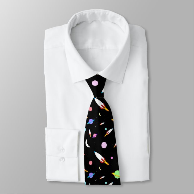 Colourful Rockets Planets Moons Stars Outer Space Tie (Tied)