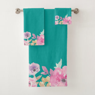 Colourful,Romantic ,Watercolor Flowers Bath Towel Set