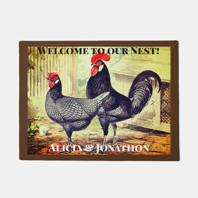 Colourful Rooster and Hen Welcome to our Nest Doormat (Front)
