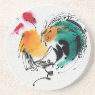 Colourful Rooster. Calligraphy and watercolor. Coaster