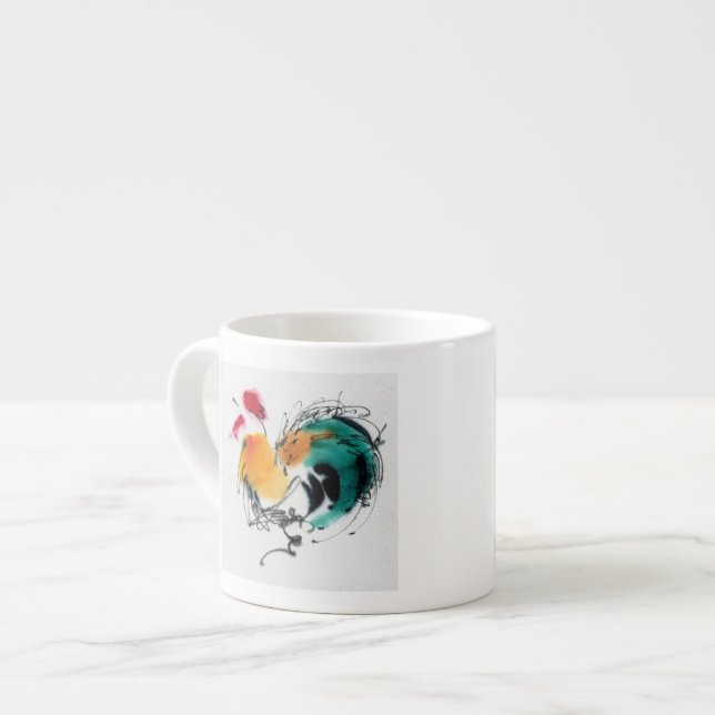 Colourful Rooster. Calligraphy and watercolor. Espresso Cup (Front Left)