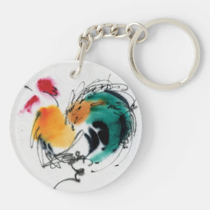 Colourful Rooster. Calligraphy and watercolor. Keychain