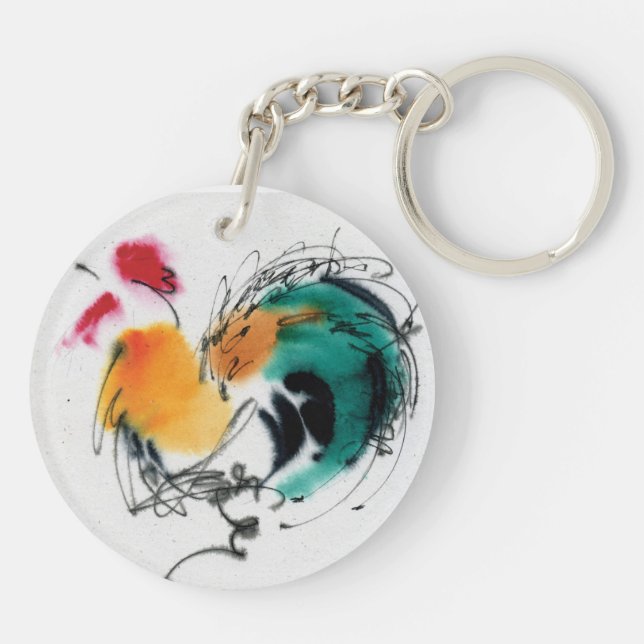 Colourful Rooster. Calligraphy and watercolor. Keychain (Back)