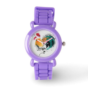 Colourful Rooster. Calligraphy and watercolor. Watch