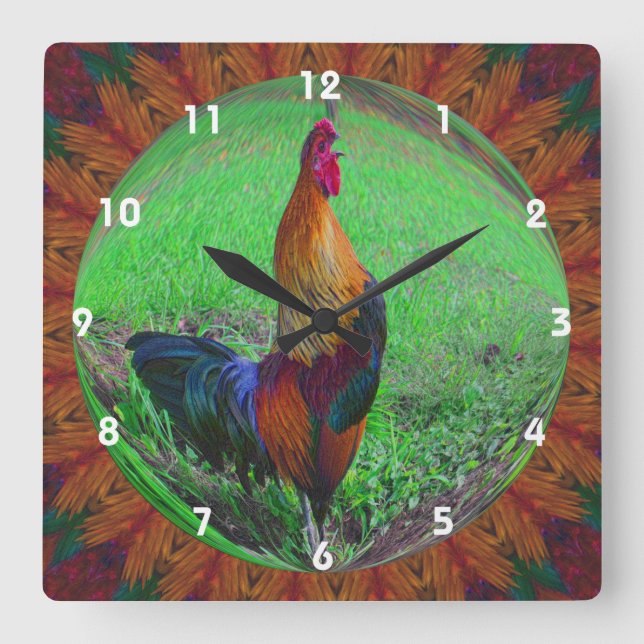 Colourful Rooster Crowing Abstract Art Square Wall Clock (Front)