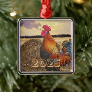 Colourful Rooster Crowing, Hay Bale, Field Metal Ornament