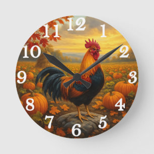 Colourful rooster in autumn harvest round clock