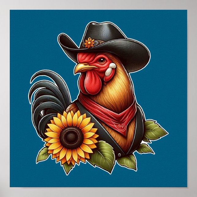 Colourful Rooster in Cowboy Hat with Sunflower  Poster (Front)