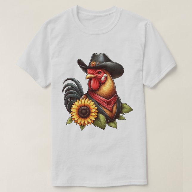 Colourful Rooster in Cowboy Hat with Sunflower T-Shirt (Design Front)