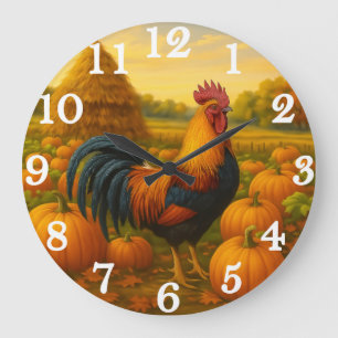 Colourful rooster in pumpkin harvest large clock