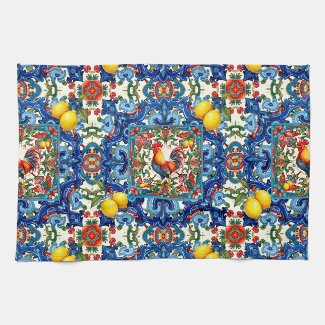 Colourful rooster,Mediterranean,mosaic,lemon, Kitchen Towel (Horizontal)