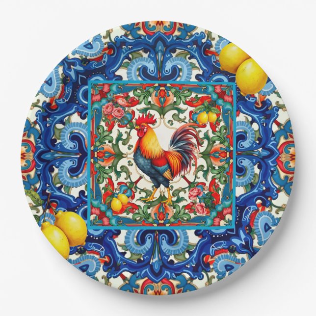 Colourful rooster,Mediterranean,mosaic,lemon, Paper Plate (Front)