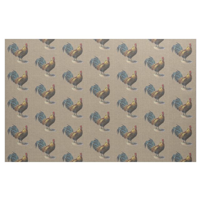 Colourful Rooster On Faux Jute Burlap Pattern Fabric (Fat Quarter)