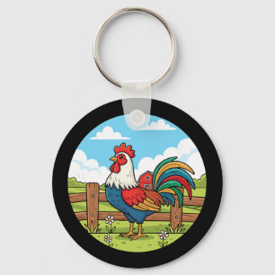 Colourful Rooster Rural Farm Rn Sunrise Scene Keychain