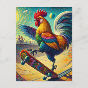 Colourful Rooster Skateboarding Postcard