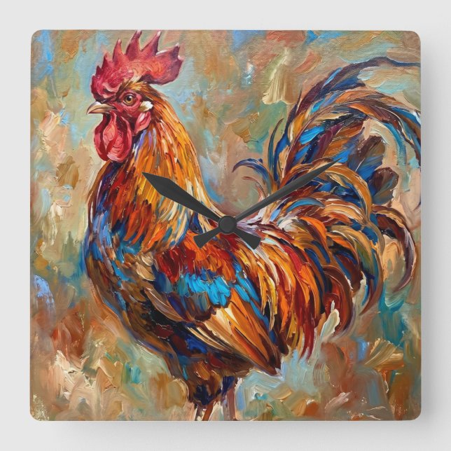 Colourful Rooster Square Wall Clock (Front)