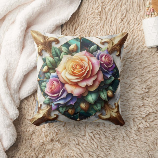 Colourful Rose Arrangement on Decorative Backgroun Throw Pillow (Blanket)