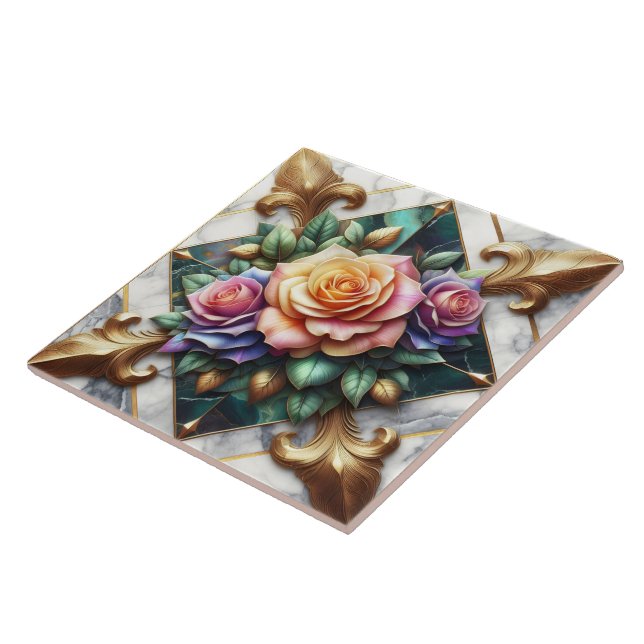 Colourful Rose Arrangement on Decorative Backgroun Tile (Side)
