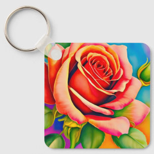 Colourful Rose Flower Digital Painting-47566 Keychain