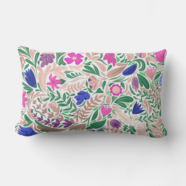 Colourful Rose Gold Floral Leaf Illustrations Lumbar Pillow (Front)