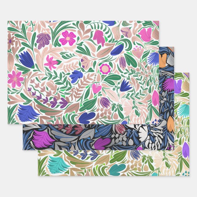 Colourful Rose Gold Floral Leaf Illustrations Wrapping Paper Sheet (Set)