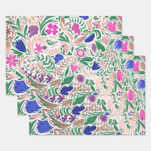 Colourful Rose Gold Floral Leaf Illustrations Wrapping Paper Sheet (Set)