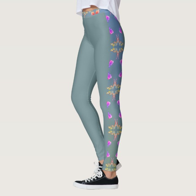 Colourful Rose Repeat on Pale Blue Moss Leggings (Left)