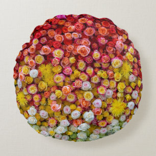 Colourful Roses and Chrysanthemums Floral Gradient Round Pillow