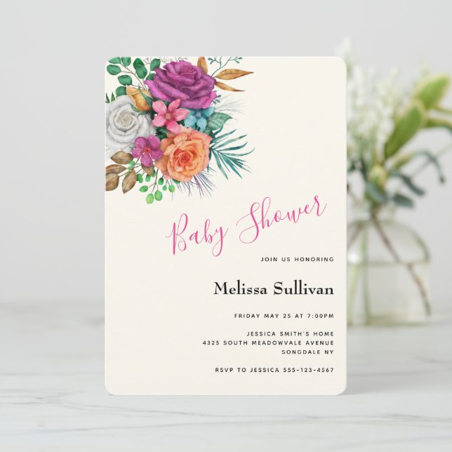Colourful Roses Floral Bouquet Baby Shower Invitation (Standing Front)