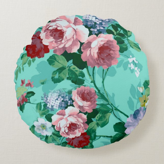 Colourful Roses & Flowers Round Pillow (Front)