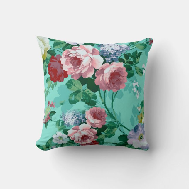 Colourful Roses & Flowers Throw Pillow (Front)