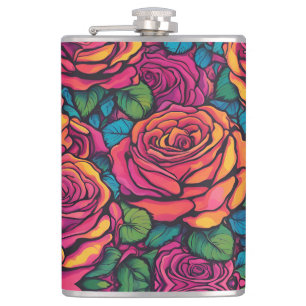Colourful Roses Psychedelic Bright Flowers Retro Hip Flask