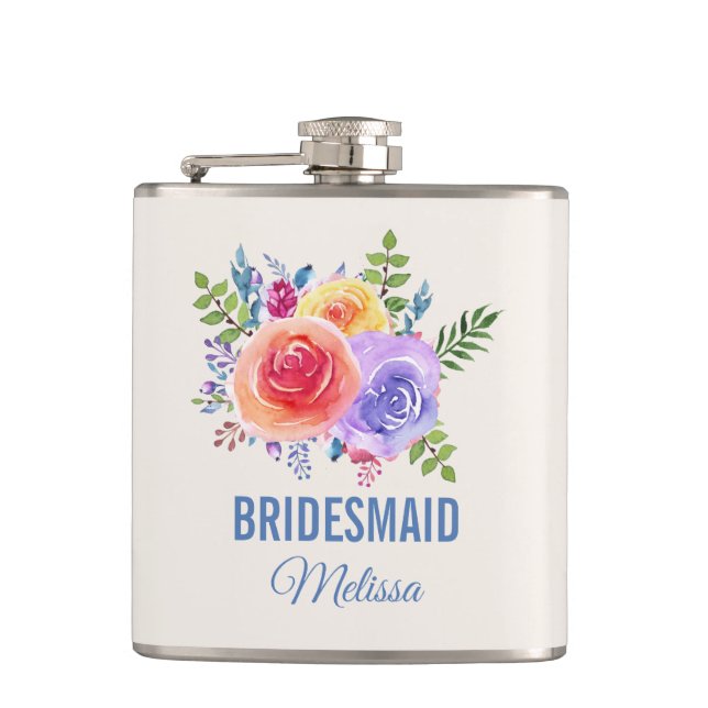 Colourful Roses Watercolor Floral Bridesmaid Hip Flask (Front)