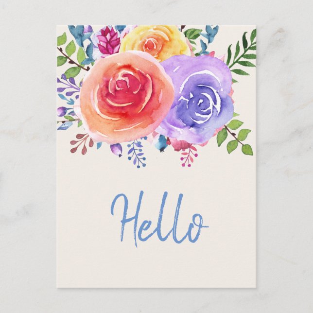 Colourful Roses Watercolor Floral Hello Postcard (Front)