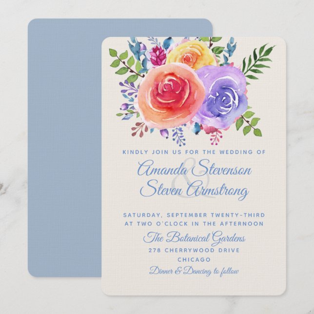 Colourful Roses Watercolor Floral Invitation (Front/Back)