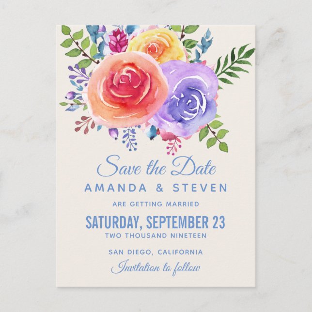 Colourful Roses Watercolor Floral Save the Date Postcard (Front)
